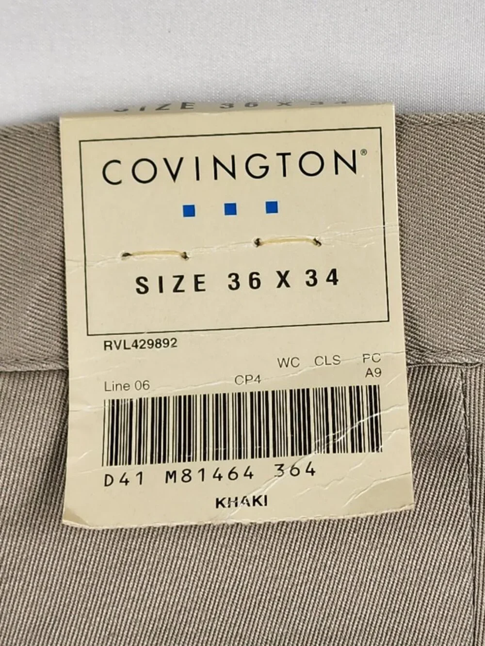 Covington Mens 36x34 Khaki Chino Pants 100% Cotton Double Pleated Classic NWT